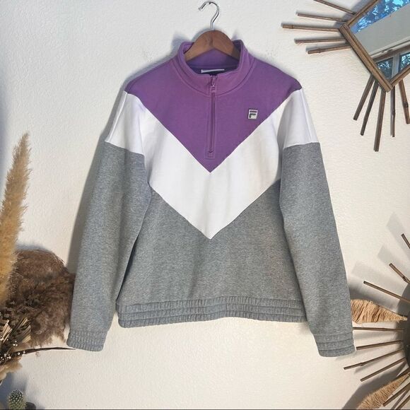 FILA Womens 1/4 Zip Pullover Color block chevron Pattern Lavender White Gray XL - Picture 2 of 11